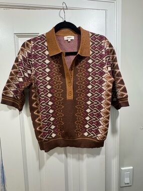 Suncoo Retro Geometric Polo Sweater in Brown & Pink